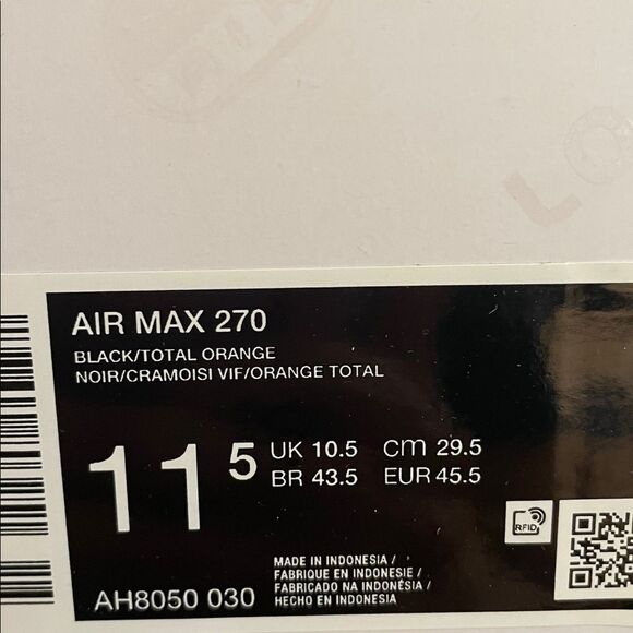 Nike Air Max 270 Black/Total Orange US Men Size 11.5/UK10.5/EU45.5(AH8050-030) - Picture 11 of 11